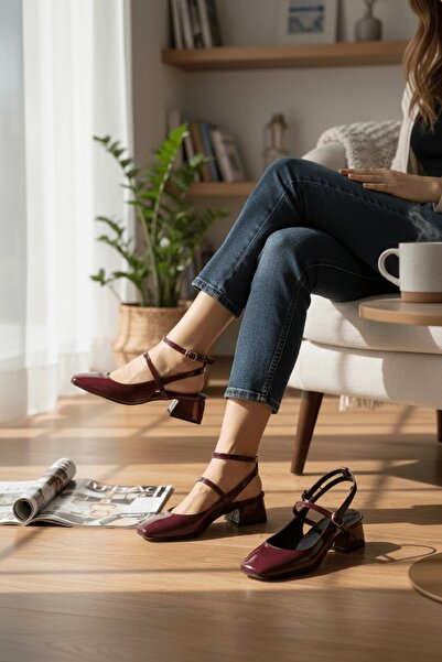 DİVOLYA Tinya Claret Red Patent Leather Blunt Toe Heeled Casual Shoes