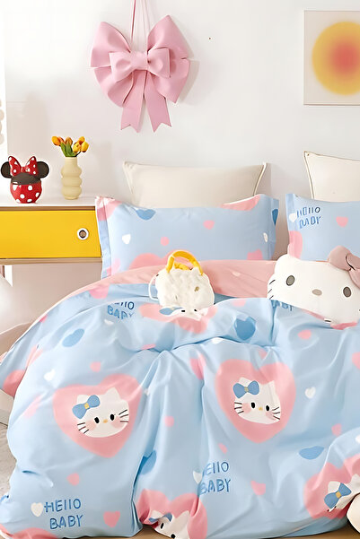 İQON Lastikli Çarşaflı Nevresim Takımı Tek Kişilik Hello Kitty Turkuaz