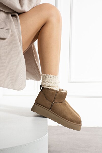 Yula Fashion Shoes Mini Vizon Süet İçi Kürklü Kalın Taban Kadın Bot