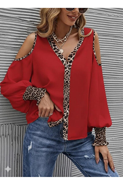 MODA Women's off-the-shoulder blouse with leopard print detail and button-up front.