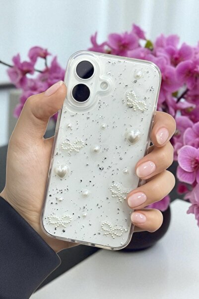 KVK PRİVACY Apple iPhone 16 Uyumlu İnci Kalpli Fiyonk Şeffaf Kılıf Simli Darb...