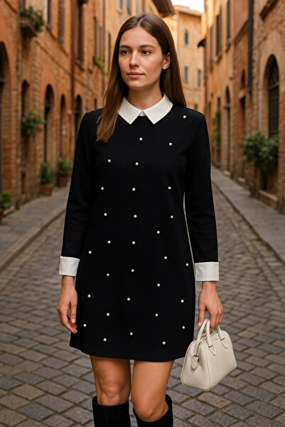 HAZEGO Rochie de damă cu mânecă lungă cu guler și perle importate din crepon