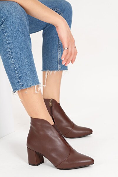 derithy Справжня шкіра, товста підошва, неолітова застібка-блискавка, еластичний перед, фантазійний гострий зимовий черевик - кава - pyr1924