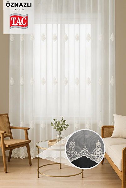 Taç Luxury Classic Tulle Curtain – 3 Rows of Embroidery, Skirt Embroidery, Frequent Pleats Elegant Design