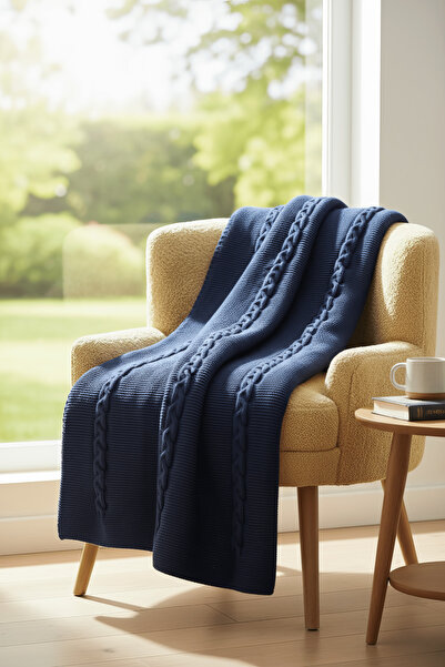 NEŞELİ HOME Yumuşak Örgü Battaniye Örgü 130x170 cm indigo | Tek Kişilik TV Ba...