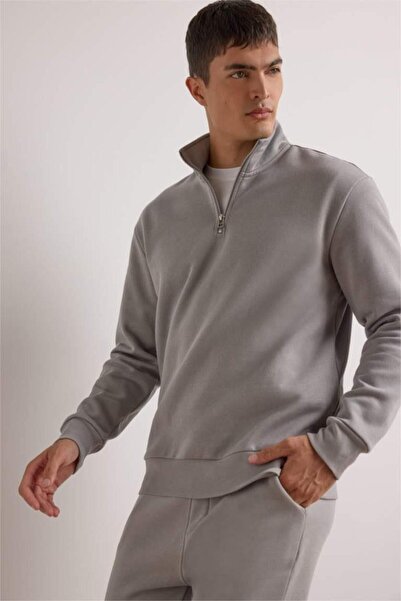 DeFacto Regular Fit-Sweatshirt mit Stehkragen, halbem Reißverschluss und weic...