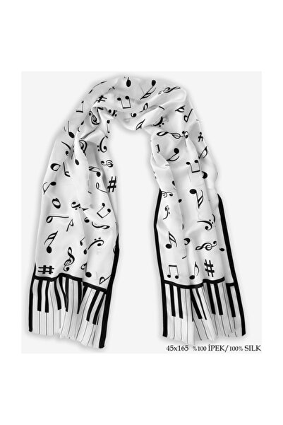 Galiga Piano Beyaz %100 Ipek Fular 45*165cm 'art On Silk'