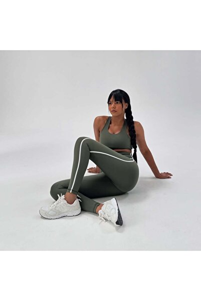 lismina Menton Beyaz Biyeli Haki Yeşil Spor Tayt