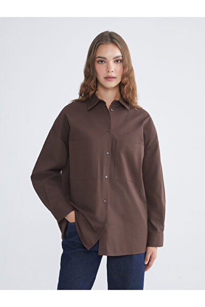 LC Waikiki Lcw Modest Brown Gabardine Women's Shirt Tunic with Nevavm Difference