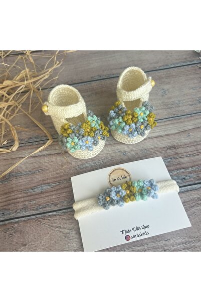 seraskids El Örgüsü Krem Rengi Çiçek Demeti Kız Bebek Ayakkabı Patik Ve Bandana Set