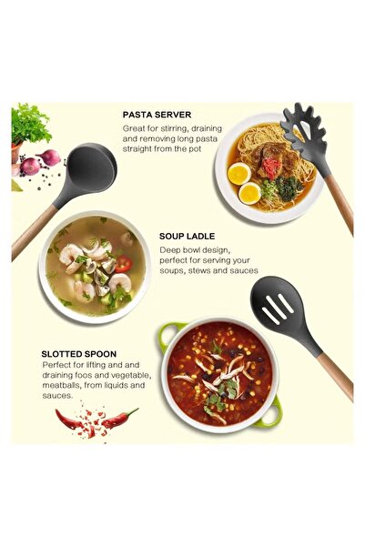 huitich 12 Pieces In 1 Set Silicone Kitchen Accessories Cooking Tools Kitchenware Utensils With Wooden Handl