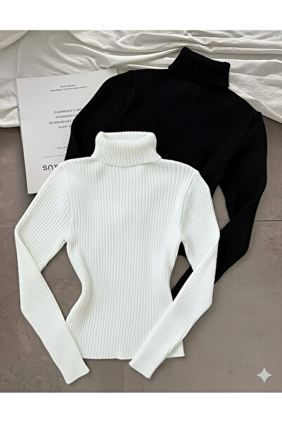 Koçibar Siyah Beyaz 2li Boğazlı Kazak Hazır Paket Kurtarıcı Parça Pamuklu Balıkçı Yaka esnek likralı