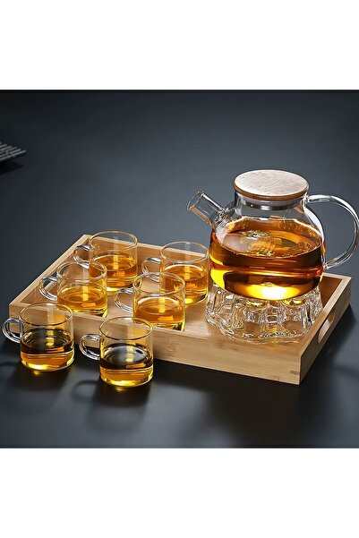 Vivien Home Isıya Dayanıklı 1000 ml Süzgeçli Cam Demlik 6adet Kupa Bardak Borosilikat ,