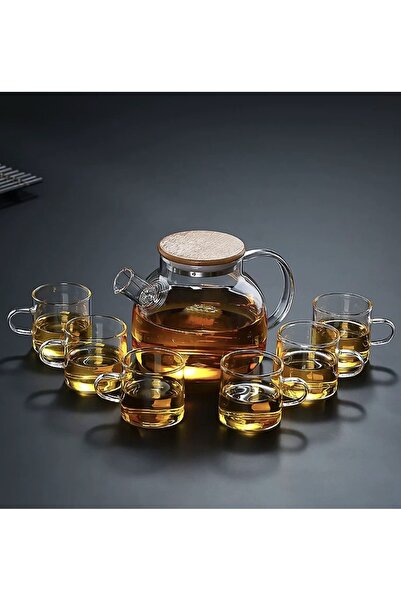 Vivien Home Isıya Dayanıklı 1000 ml Süzgeçli Cam Demlik 6adet Kupa Bardak Borosilikat ,