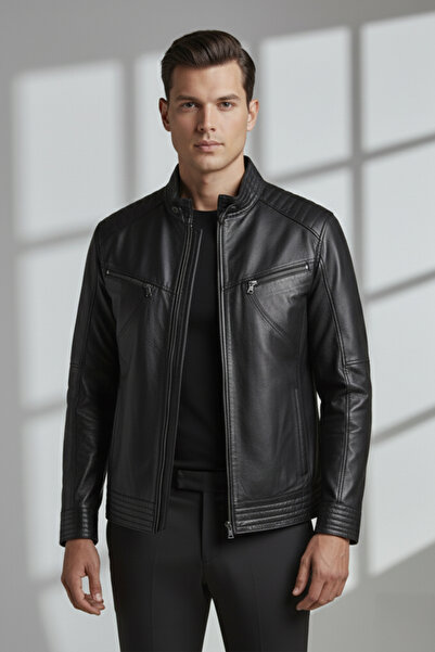 Deriderim Black Hector Hakim Collar Zippered Lined Men's Genuine Leather Coat