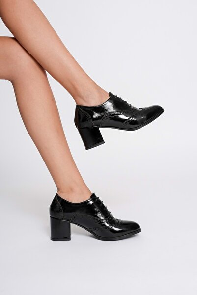 ANALİN SHOES Women's Genuine Leather Laser Detailed Stylish Heeled Shoes - Black Patent Leather