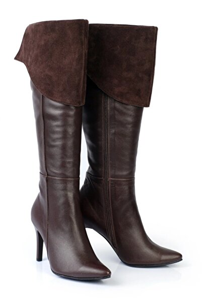 KARVENSHOES Kadın Hakiki Kahverengi Diz Üstü Stiletto Çizme 576