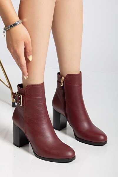 ANALİN SHOES Cizme de damă din piele naturală cu cataramă cu toc - roșu claret