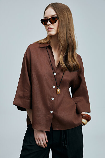 Lufian Juturna Kadın Keten Gömlek Kahverengi