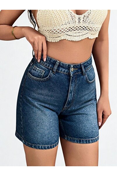 1434 Polo State Kadın Yüksek Bel Jean Kot Şort Mavi