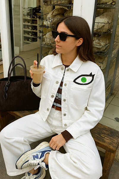 GZ Design White Oversize Jeans Jacket with Eye Embroidery on Leather