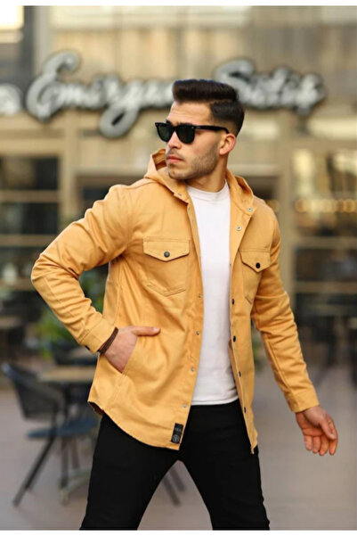 Pobudo Light Mustard Color Hooded Denim Jacket
