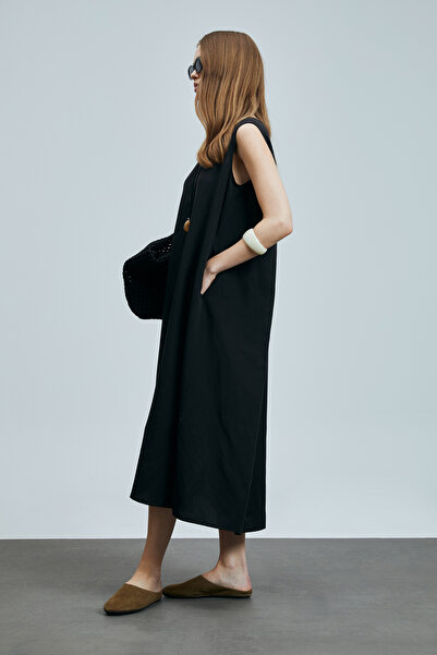 Lufian Rochie Grace pentru femei din amestec de in Lyocell, neagra