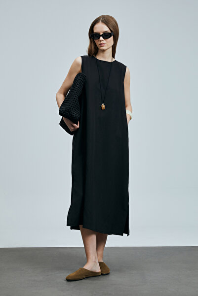 Lufian Rochie Grace pentru femei din amestec de in Lyocell, neagra