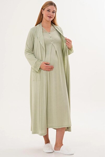 By Mecit Pijama Women's Long Sleeve Guipure Detailed Dressing Gown Nightgown Pajamas 4-Piece Maternity Set 65% Cotton 35% Viscose