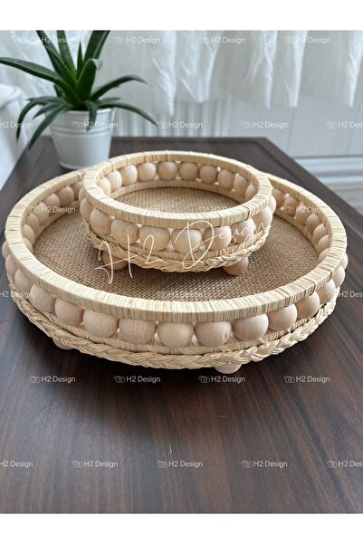 H2 Design Ahşap Boncuklu Doğal Rafya Hasır Dekoratif Tepsi Ve Mumluk Set 22 Cm Ve 12 Cm