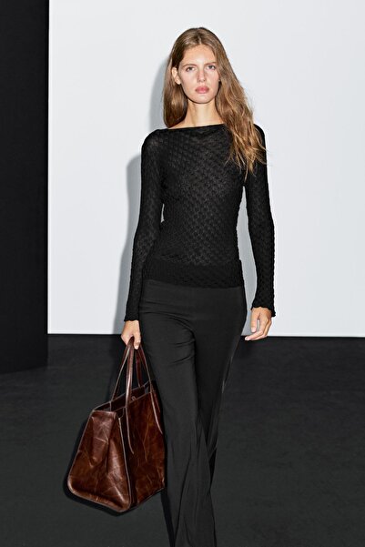 Massimo Dutti Uzun kollu dokulu %100 pamuklu top