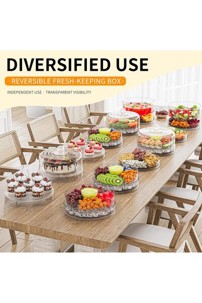 Saharaz صينية تقديم مبردة متعددة الوظائف، طبقتان مع مساحة تخزين للثلج، طبق مكون من 4 أقسام، مع غطاء دوار