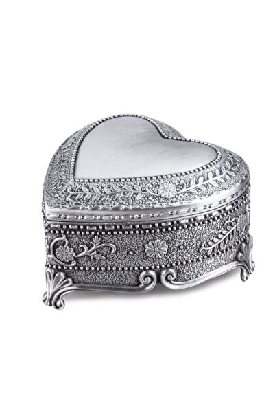 PUFO Cutie metalică din antimoniu pentru depozitarea și organizarea bijuteriilor și accesoriilor, model în formă de inimă, argintiu