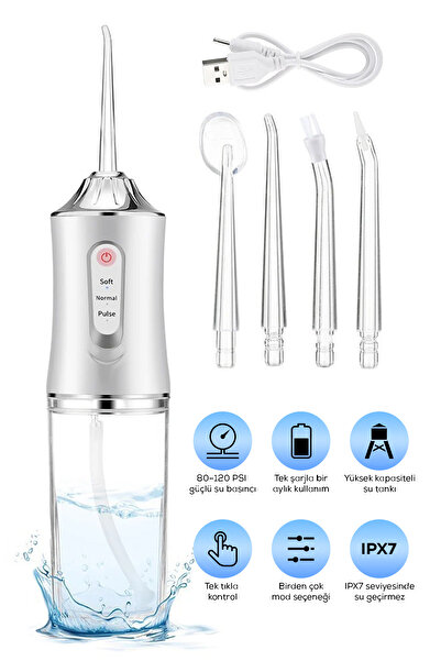 ALFAGİFT Şarjlı 4 Başlıklı Taşınabilir Diş Protez Bakım ve Ağız Duşu- 3 Modlu Diş Arası Temizleyici