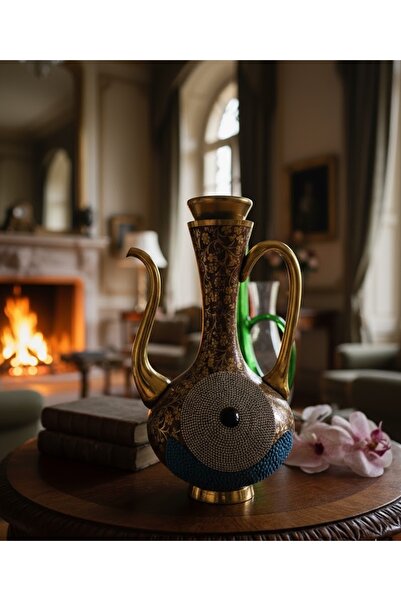 DECOSTYLE Saraylı Firuze Gold Yaldızlı Cam İbrik Sürahi 34 Cm - Dekoratif Lüks Osmanlı Sunum