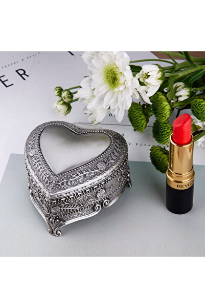 PUFO Cutie metalică din antimoniu pentru depozitarea și organizarea bijuteriilor și accesoriilor, model în formă de inimă, argintiu