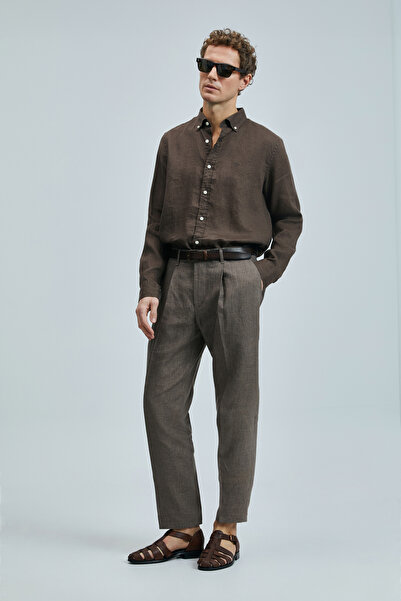 Lufian Pitaya Erkek Keten Gömlek Comfort Fit Kahverengi