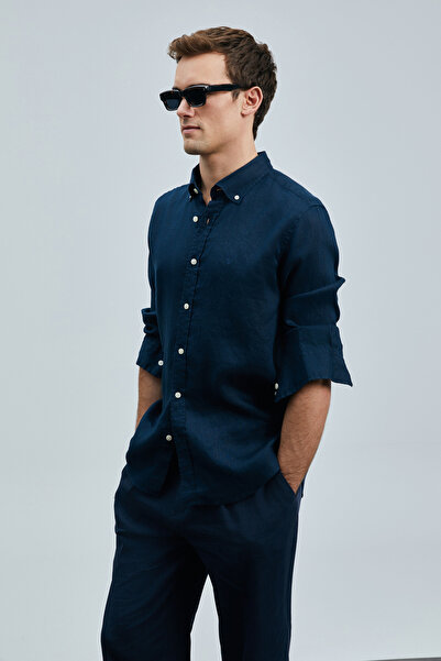 Lufian Pitaya Erkek Keten Gömlek Comfort Fit Lacivert