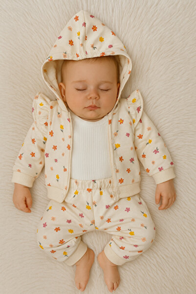 Linda Harris Crispy Flower Cream Hooded Bodysuit 3-Piece Newborn Baby Girl Set