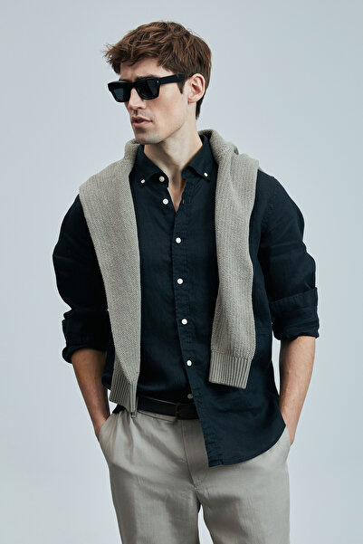 Lufian Pitaya Erkek Keten Gömlek Comfort Fit Siyah