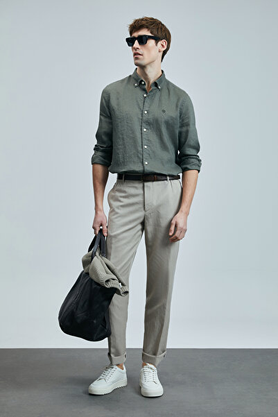 Lufian Pitaya Erkek Keten Gömlek Comfort Fit Haki