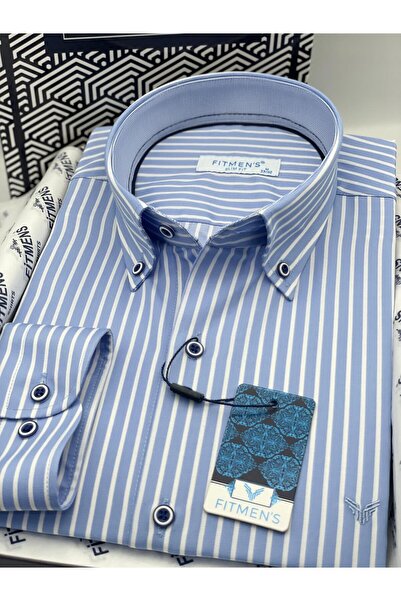 Fitmens Slim Fit Uzun Kol Premium Kalın Çizgili Yaka Düğmeli Hediye Kutulu Kolay Ütülenebilir Erkek Gömlek F