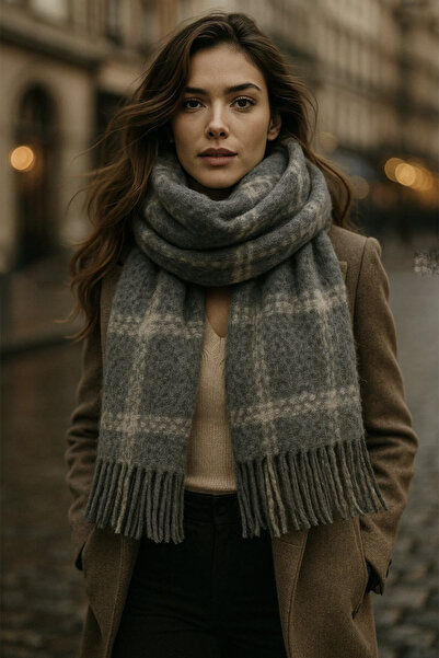 REMSA Plaid Patterned Scarf Shoulder Shawl 45X200 cm 1294 Anthracite