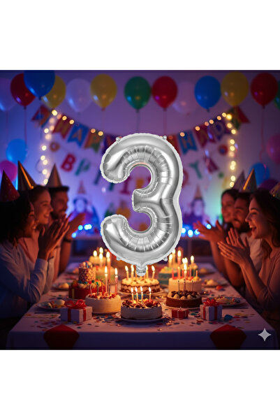 Deniz Party Store بالون فضي 3 أرقام مقاس 36 - 40 سم