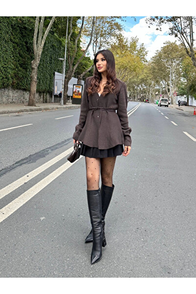 Lusin Women's brown leather cord tie detail knit cardigan