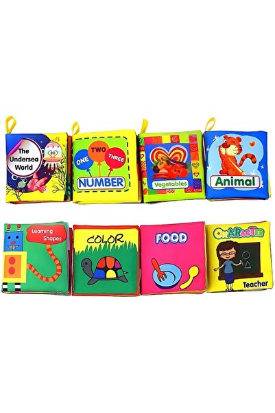 iTin Set 8 carti textile senzoriale pentru bebe cu animale, numere, fructe, forme, culori, sunete +3 luni