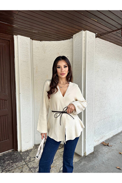 Lusin Women's Cream Leather Rope Detail Knit Cardigan