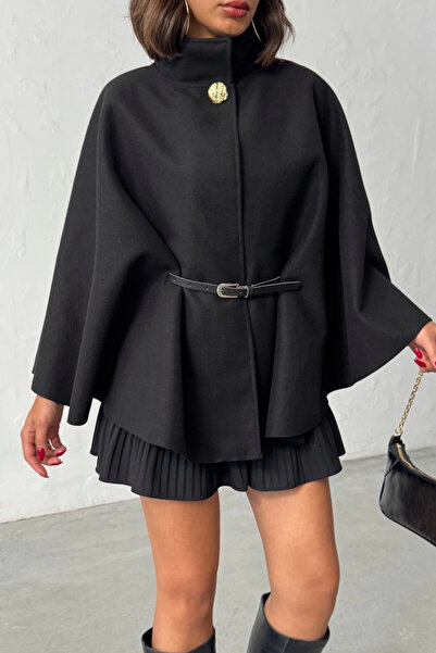 Lusin Γυναικείο μπουφάν με μαύρο χρυσό κουμπί και λεπτομέρεια ζώνης από καστανό παντσό