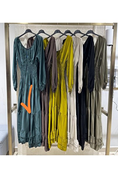 MODAGK Imported Design Elastic Waist Silk Satin Dress-Brown