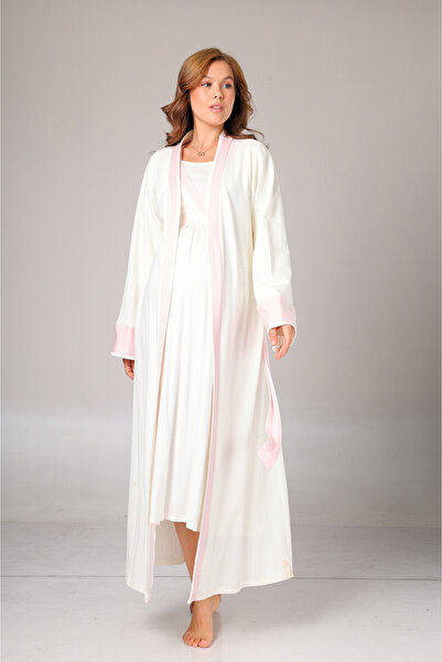 Rimel Homewear Kışlık Kendinden Desenli Şerit Detaylı Sabahlıklı Lohusa Gecelik Takımı